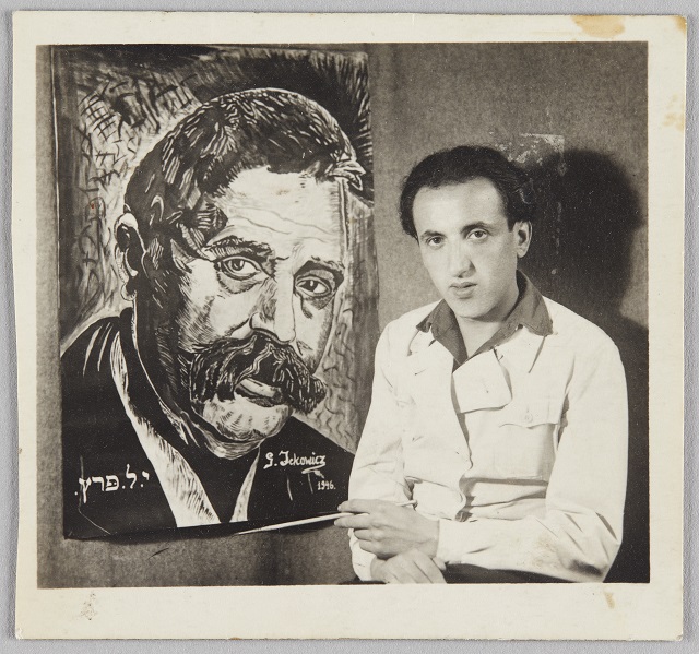 Unknown, Gershon Iskowitz with Portrait of Isaac Leib Peretz, Feldafing, 1946. , Overall: 9 × 9.8 cm (3 9/16 × 3 7/8 in.). Gershon Iskowitz Fonds, E.P. Taylor Library and Archives. Gift of the Gershon Iskowitz Foundation, 2009. 