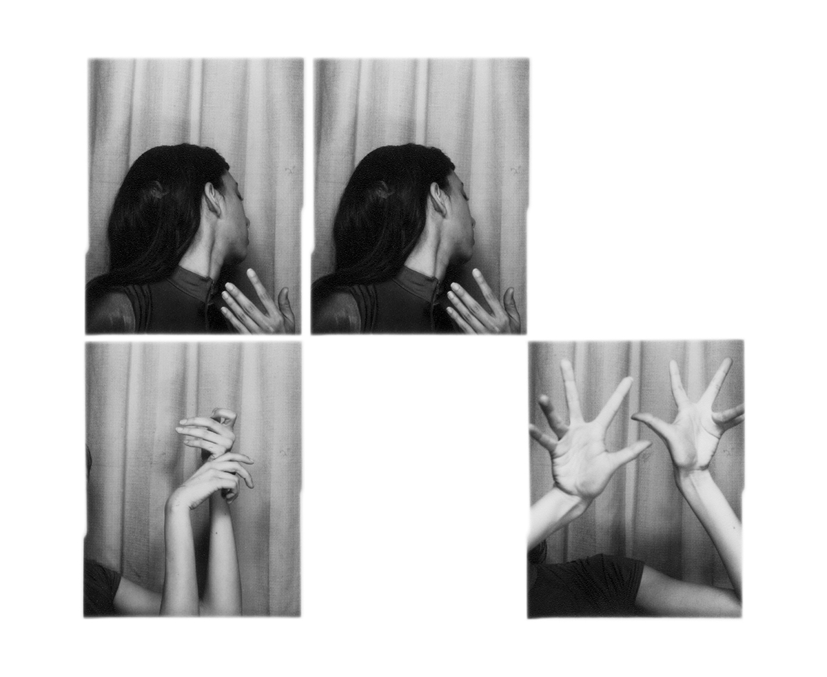 collage of black and white photos, depicting hands and heads turned