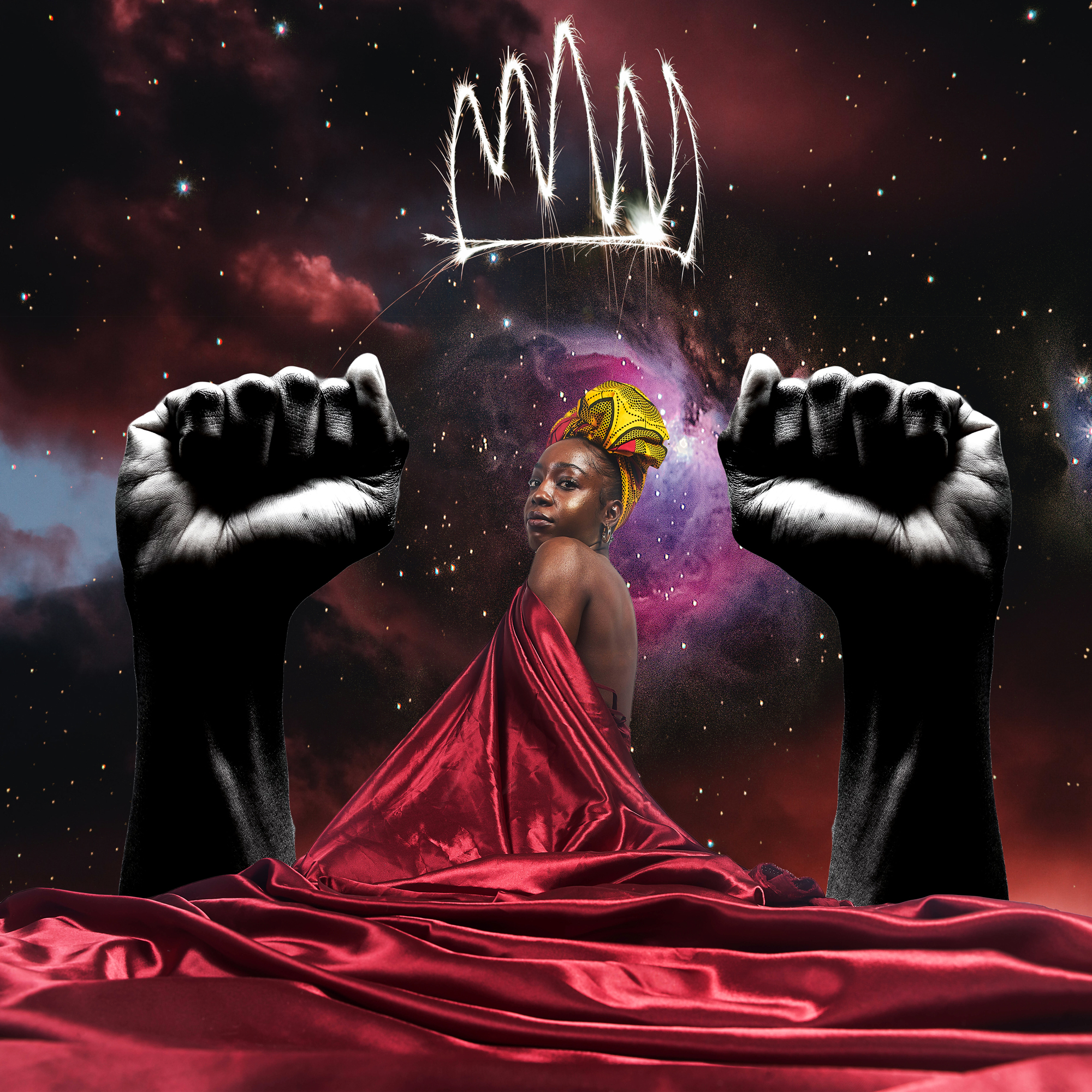 digital collage depicting a woman draped in red fabric between two Black hands 