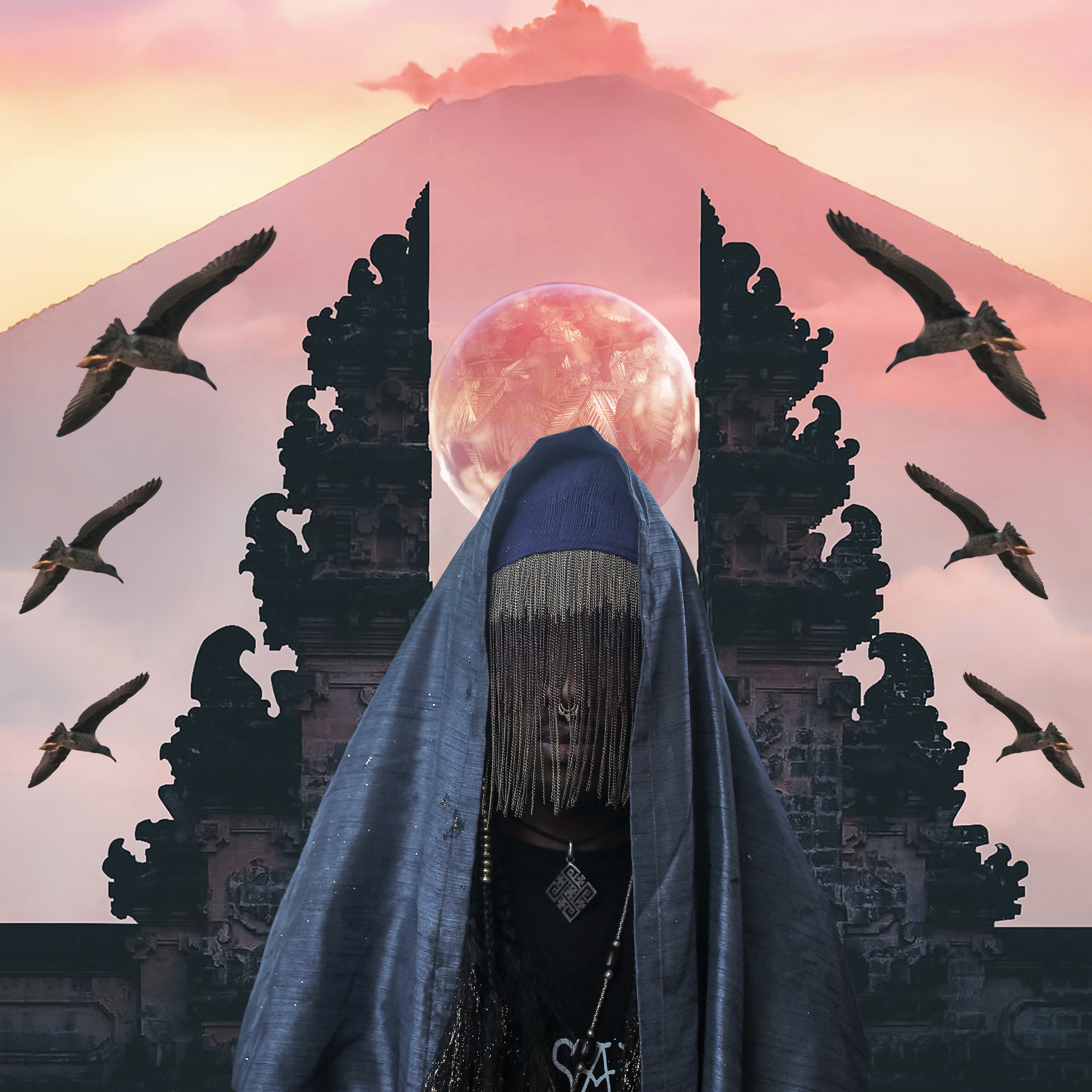 digital collage depicting a veiled woman against backdrop of birds and a pink volcano