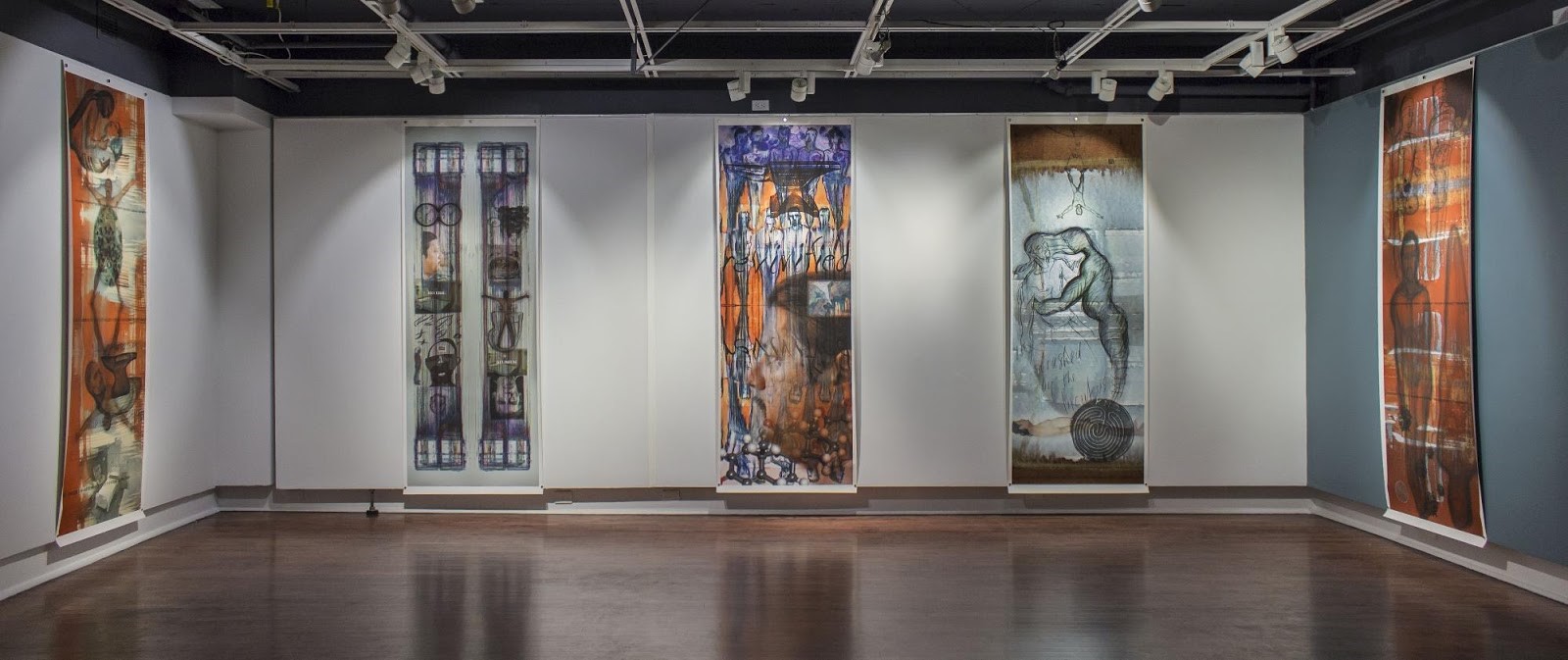Installation image of hanging delirium scrolls by Andy Fabo 