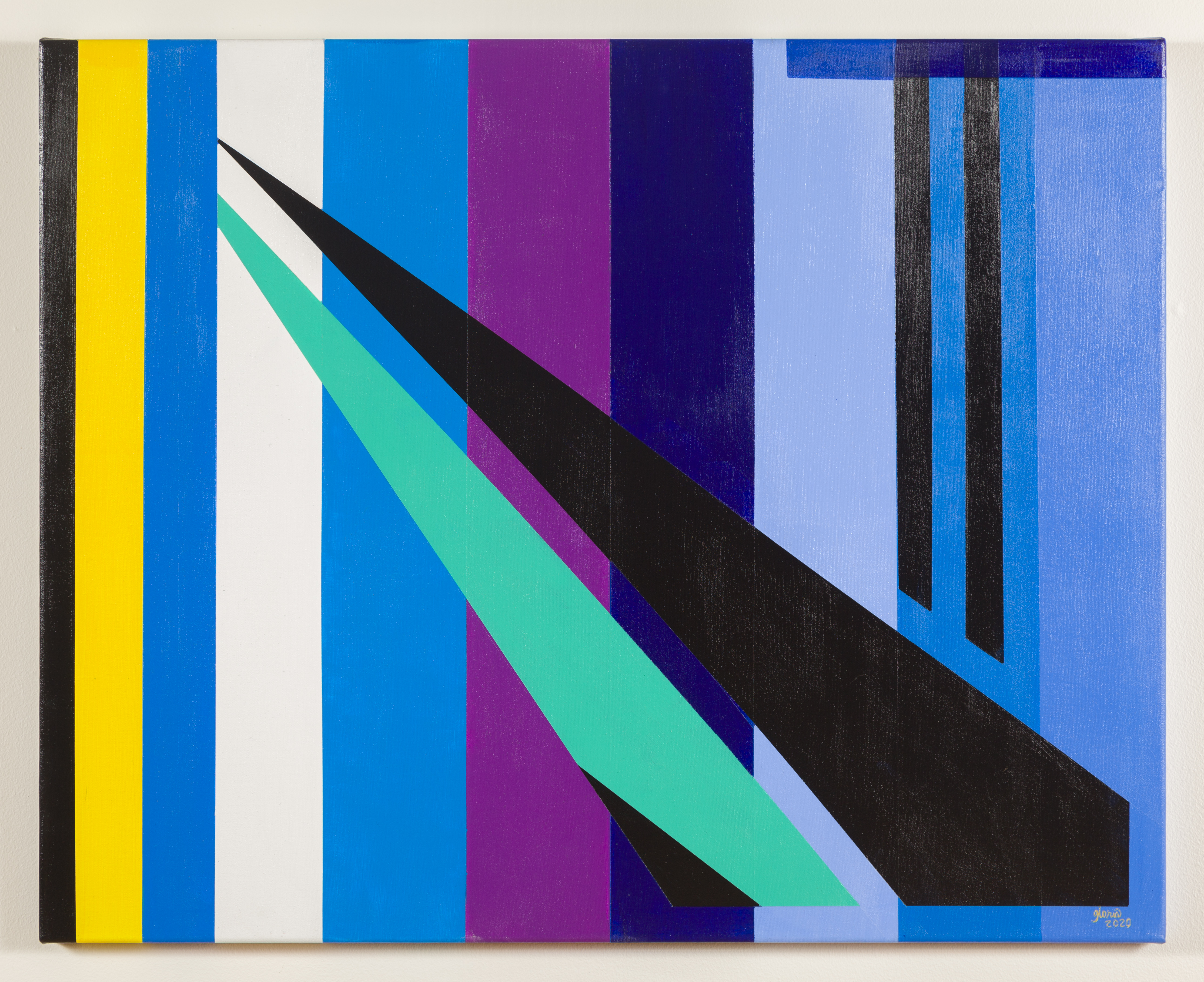 Painting composition consisting of a background of vertical colour bands of blues and purples with two shapes in the foreground diagonally crossing the background