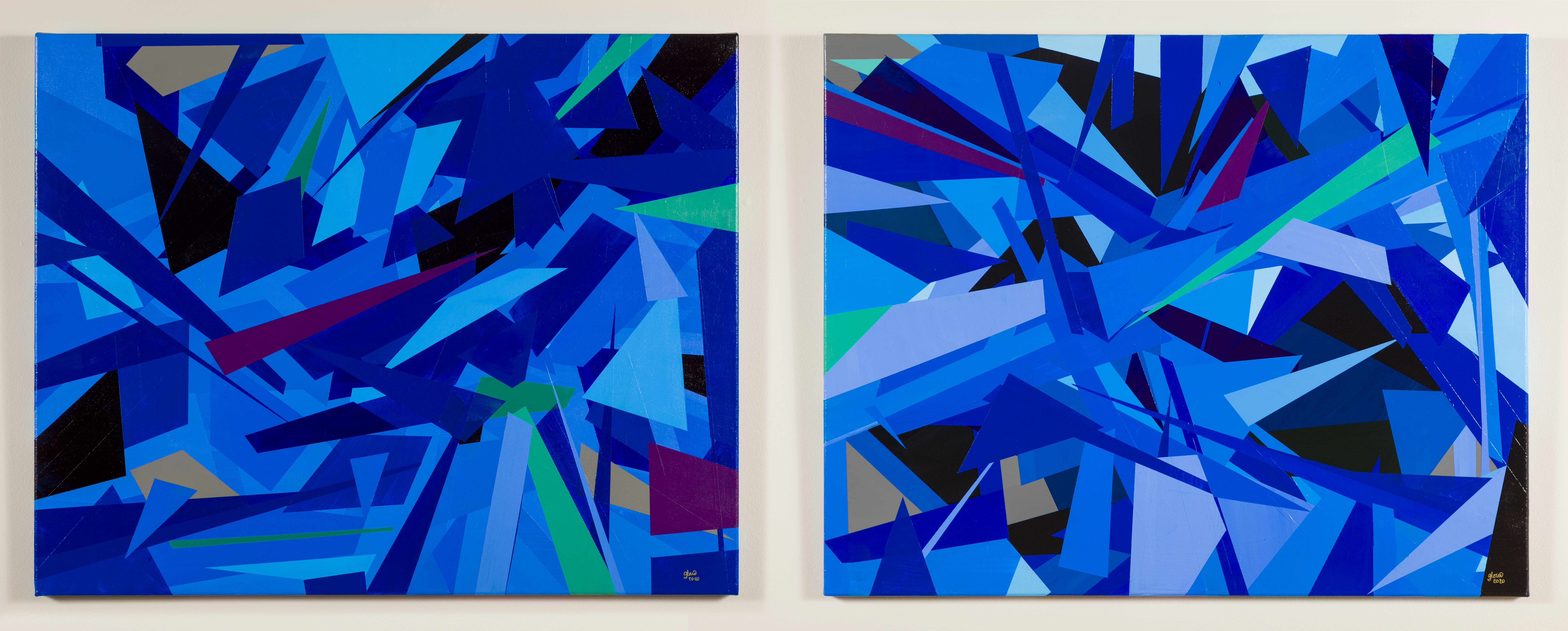 Diptych of geometric paintings in blues and blacks and greens