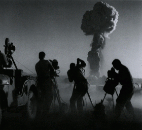 U.S. Military, Operation Priscilla, taken at the moment of the shockwave, 1957 / Camera Crew at Exact Moment of Shockwave Arrival, Nevada Test Site (detail), 1957