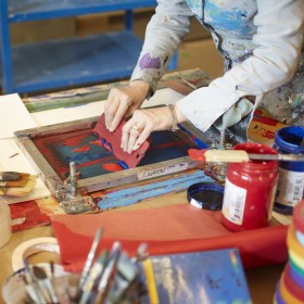 Silkscreening in a printmaking course