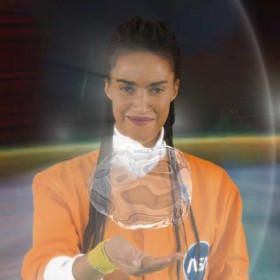 Woman with bubble of water hovering above her open hand.