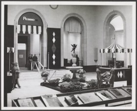 Picasso and Man, view of central fountain in Walker Court