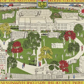 Painting of park with text banners. 