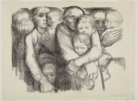 Lithograph print depicting a group of women holding children, by german artist Kathe Kollwitz
