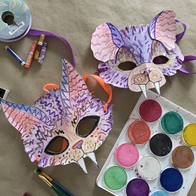 animal masks made of paper, watercolour and pastels