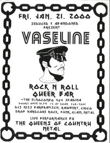 Party poster with black text on white background featuring a masculine head wearing a hat
