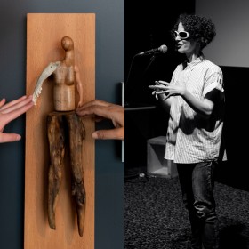 Image split into two: On the left a photo of two hands outside the frame reaching to touch a sculpture by Persimmon Blackbridge. The piece is titled “Soft Touch”, and is a handcrafted figure made of wood, bone and plastic to resemble a person constructed from found objects. It is mounted on a wood panel. On the left black and white photograph figure standing at a microphone with sunglasses on and hands gesturing outwards