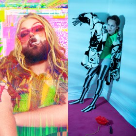 Justin Gray in translucent hot pink glasses against a multi-coloured neon digitized background and Cameron Lee in a graphic black and white coat with faces, graphic black and white wide stripe tights against a wall, lit by a soft blue light