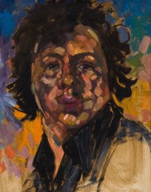 A multicoloured portrait of a young man's face, as he looks over his shoulder towards the viewer. Darker flesh tones with browns and tans are used on his face and hair; yellow and blue colours are in the background.