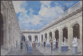 rendering of an open courtyard filled with sculptures