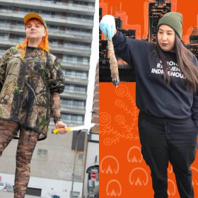 Dayna Danger standing in front of a concrete apartment building wearing forest camouflage and baseball cap with bright orange hair, holding a large knife; Jade McComber against an illustrated cityscape in black and orange, wearing all black and army green beanie holding part of a deer leg 