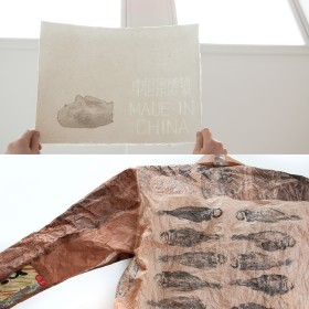 Composite image of art work by artists Alexa Hatanaka and Flora Shum: top image is bright white image of two hands holding a sign that says "Made in China" in english and Chinese characters in white text against an off-white page, at the top of the image are two bright windows; the bottom image by Alexa Hatanaka, a light image, closely cropped to show the back of a jacket that is printed with fish in black against a soft pink-beige. 