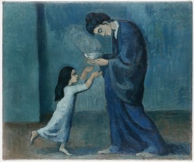 Pablo Picasso. La Soupe, 1903 A woman  hunches over holding a bowl of steaming soup as a child reaches up towards it