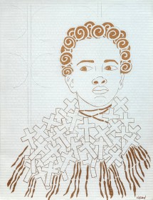 photo of a portrait of a woman with a collar of crosses and natural short curly hair, done in deconstructed cardboard