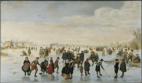 A painting of multiple ice skaters on a frozen bond. Several children play in the foreground and background. 