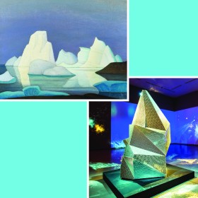 Lawren Harris and Theaster Gates depictions of icebergs, once painted in group of seven style, the other a rhinestone sculpture