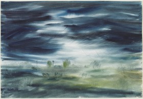 Abstract landscape painting. Dark blue and white strokes make up the sky and light green, yellow, white, blue strokes make up the land. 