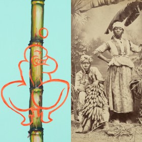 L: oil on canvas of sweet sugarcane with female figure overlay R: albumen print of banana workers, c. 1890. 
