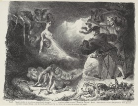 black and white lithographic illustration featuring Faust and the ghost of his former lover