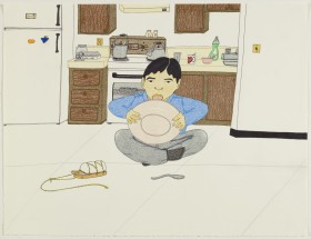 Illustration of a boy sitting cross legged on a kitchen floor. He is holding onto a plate with both hands and licking it. 