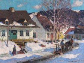 A daytime winter scene depicting a snow covered neighbourhood. Houses line a street in which a man rides a horse carriage. Two children are playing in the snow. Tall, leafless trees sit in the front yard. The background consists of a mountain range and few fluffy, white clouds in the sky. 