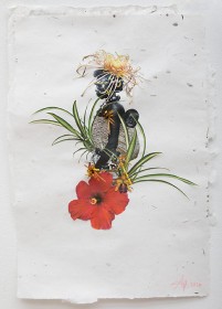 work on paper featuring a hibiscus flower and a mother and child