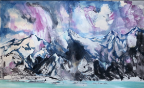 landscape painting of sky, mountains and water in shades of grey, blue, purple, white, aqua