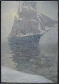 Hazy view of a ship on a stormy sea. The ship is sailing against heavy wind and rainfall.