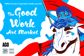 blue and white and red poster for the Good Work Art Market