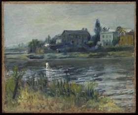 Impressionist painting of the Seine river with brush in the foreground, houses on the far side of the river, and a bright reflection of the sun in the water