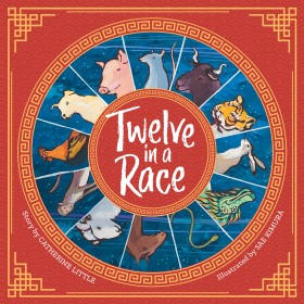 Illustration of animals surrounding the book title, 'Twelve in a Race' on solid red background