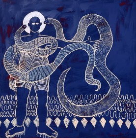 Blue background with white outline of women wrapped around by two snakes.