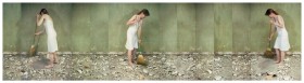 Three alternate views of a woman in a white slip dress sweeping a pile of gray-beige rubble, in front of a sage green wall.