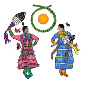 Two figures facing each other. The one on the left is dressed in pink attire and the one on the right is dressed in blue. A yellow circle surrounded by a green braided strand is in the centre, between the figures.