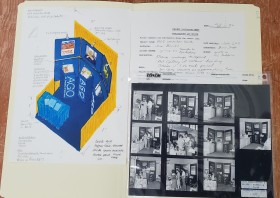 page from a notebooks with an drawing of a mock up for a trade fair booth. also pictures a contact sheet of black and white photos of the real life booth