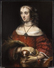 Portrait painting of female figure holding a dog in her lap and wearing a red dress.