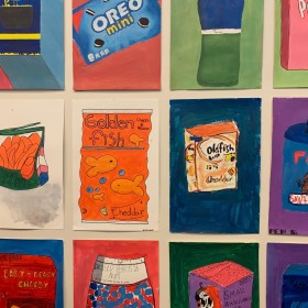 a grid of 9 paintings depicting commercial food bags and boxes