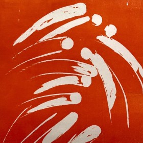 Square work on paper featuring abstract white arches on orangey red paper