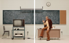 Two painted aluminum lightboxes featuring professor on desk in 70's era classroom