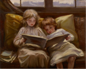 Painted picture of two children reading 