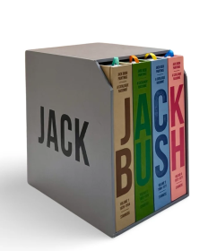 Image of the multi-volume Jack Bush Catalogue Raisonne, four books are stored in a grey sleeve