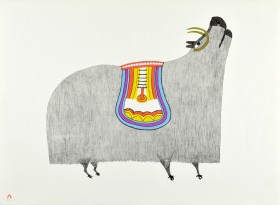 Drawing of a muskox with multicoloured saddle 