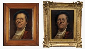 Before and after reframing: Jan Kupecký, Study for a Self Portrait (c. 1725), oil on canvas mounted on paperboard.