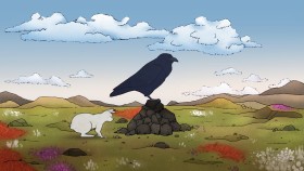 An image from the film Arctic Song depicting a large black bird and a white rabbit on the arctic tundra
