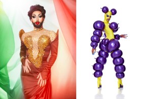 Two images of drag queens. The queen on the right is wearing a garment featuring cheeky purple ballons with yellow base later, the queen on the left is wearing a gold and red dress